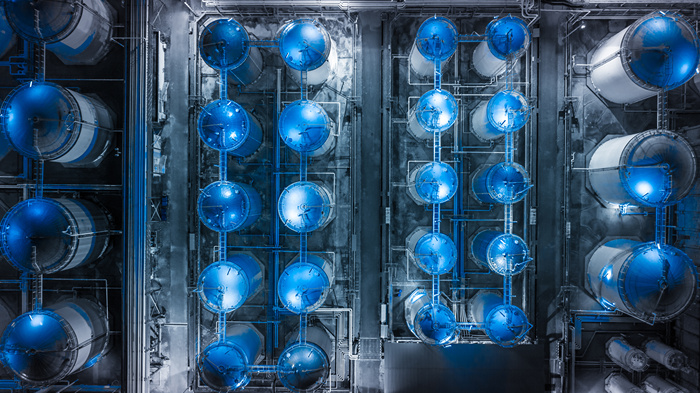 Storage tank of liquid chemical and petrochemical product tank, Aerial view at night