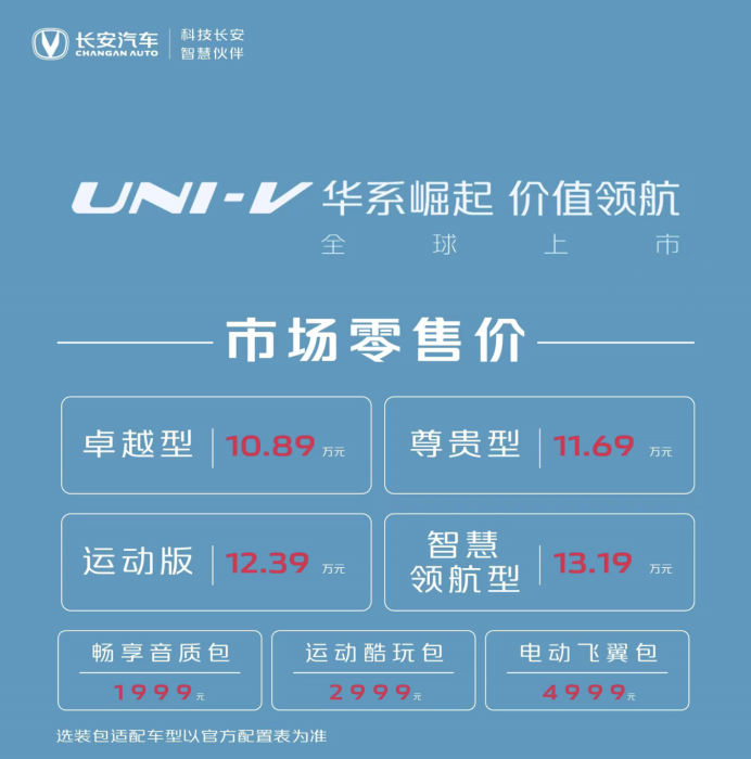 长安UNI-V正式上市，售价10.89-13.19万元