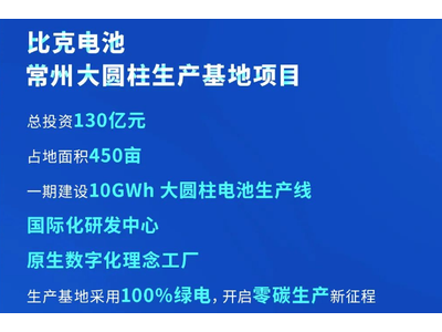 比克大圆柱生产基地落户常州，百亿投资扩产30GWh开启零碳新征程