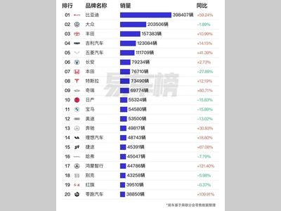 国内品牌销量榜公布！比亚迪超大众丰田总和