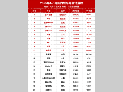 2025年上半年汽车零售销量榜