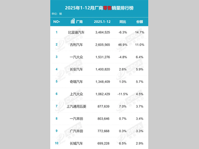 2025年汽车厂商销量榜：比亚迪断层式夺冠