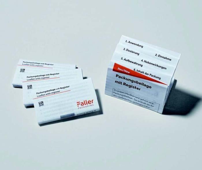 Faller Packaging系列的新产品：带有注册信息的透明包装插页，其若干个索查突舌可以让患者更好地了解药物