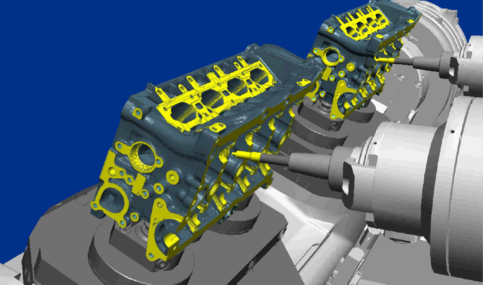 图2在双主轴CNC机床上进行发动机缸盖生产的3D虚拟模型