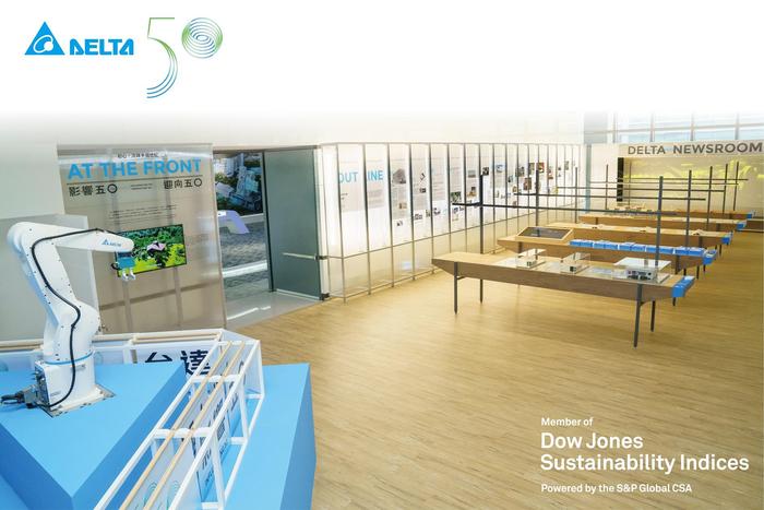 台达连续十一年入选道琼斯可持续发展指数“世界指数” 整体成绩获全球电子设备产业最高分，达历年新高。图为台达50周年“影响50 迎向50”特展，以“节用厚生”呼应经营使命，迈向永续经营。