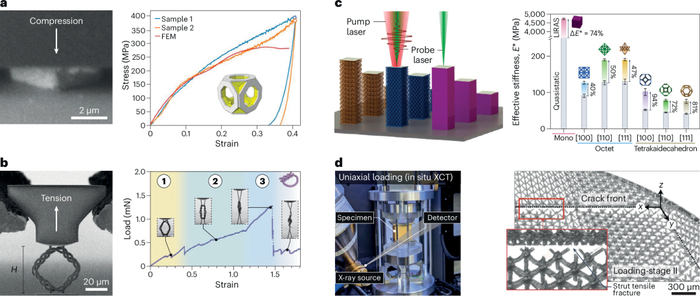 Fig. 3: In situ nano- to micromechanical characterization of 3D architected materials.