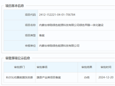 总投资25亿元，内蒙古兴安盟又一生物质绿色甲醇项目获批