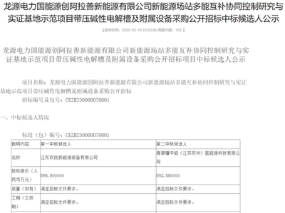 PEM+ALK电解槽！龙源电力电解槽制氢设备中标候选人公示