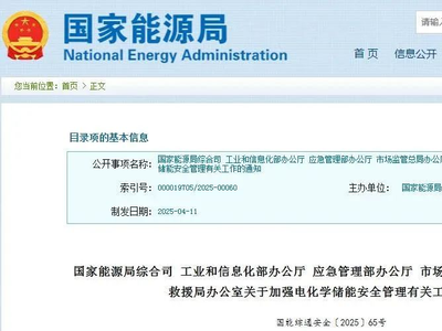 国家能源局等五部门：所有电化学储能电站项目须依法依规实施备案