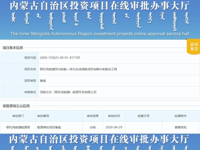 总投资13.26亿元，内蒙古一绿氨项目获批；金风绿能风电制氢项目三期备案完成