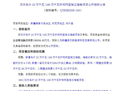 新疆250MW/1GWh构网型独立储能项目公开招标；中国电建北京院与中环电力中标内蒙古储能项目