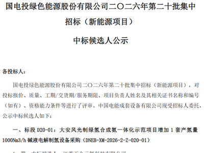 中标 | 天合元氢预中标国家电投绿氢合成氨项目碱性电解槽；内蒙古风电氢储项目设计采购候选人公示