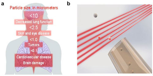 图1 a、细颗粒物对人体健康的危害随粒径尺寸的关系;b、纳米光纤传感器示意图。