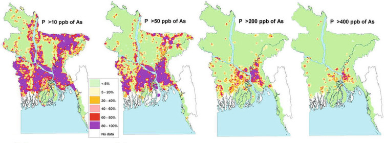 图2：孟加拉国四张牌表明，砷浓度在地下水超过某一值的概率